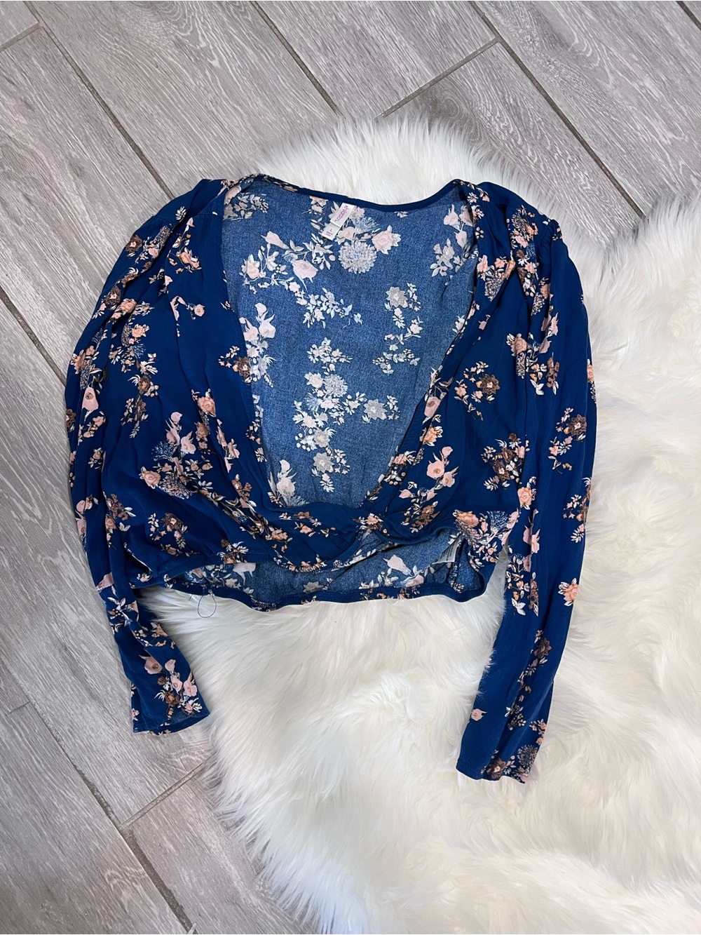 Xhilaration Navy Floral Wrap Crop Top with Pink Flowers